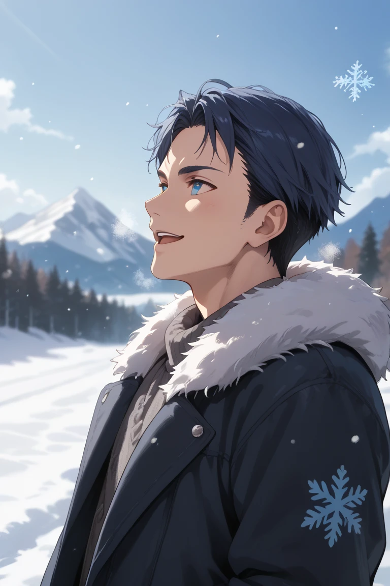 score_9, score_8_up, score_7_up, source_anime, rating_safe, day, natural lighting, winter theme, snow, snowing, snowflakes, mountain, breath, male focus, leaning back, looking away, smiling, expressive face, ShogoGGLR, blue_ShogoGGLR_eyes, black_ShogoGGLR_short hair, open mouth, winter clothes, fur trim, 1boy, blurry outdoors, scenery, from side, from below, dutch angle, intricately detailed illustration, atmospheric perspective, depth of field