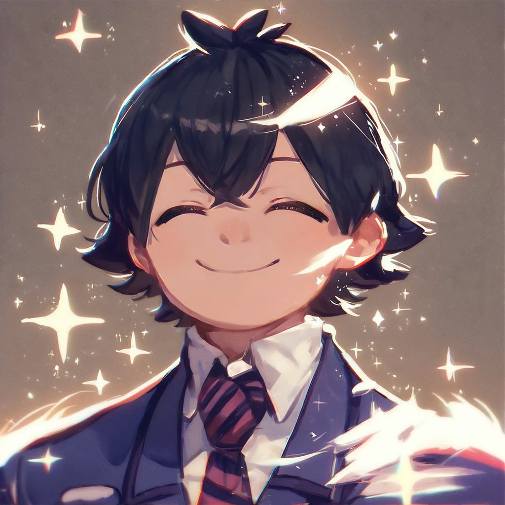 (masterpiece), score_9, score_8_up, score_7_up, score_6_up, score_5_up, score_4_up, 1boy, solo, Kometani, black hair , closed eyes, striped necktie, school uniform, looking at viewer, smile, sparkles