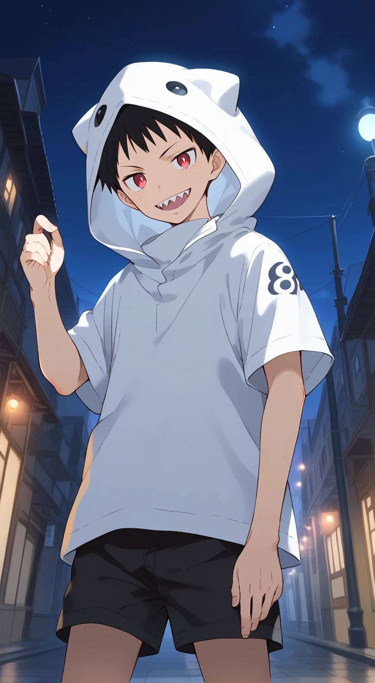 1boy,male focus,solo,shinra kusakabe,red eyes,black hair,short hair,sharp teeth,shorts,anime coloring,looking at viewer,white hood,night,smile