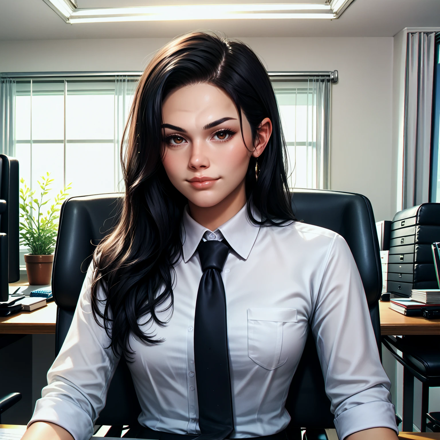 rating_safe, score_9, score_8_up, score_7_up, score_6_up, score_5_up, score_4_up, highres, incredibly absurdres, highly detailed, dim lighting, closed mouth, office, indoors, sitting on office chair, pov across table, 1girl, solo, BREAK
datyiosry, long hair, black hair, brown eyes, black business suit, necktie, white collared shirt, looking at viewer, jewelry
<lora:Daisy_Taylor:0.6>