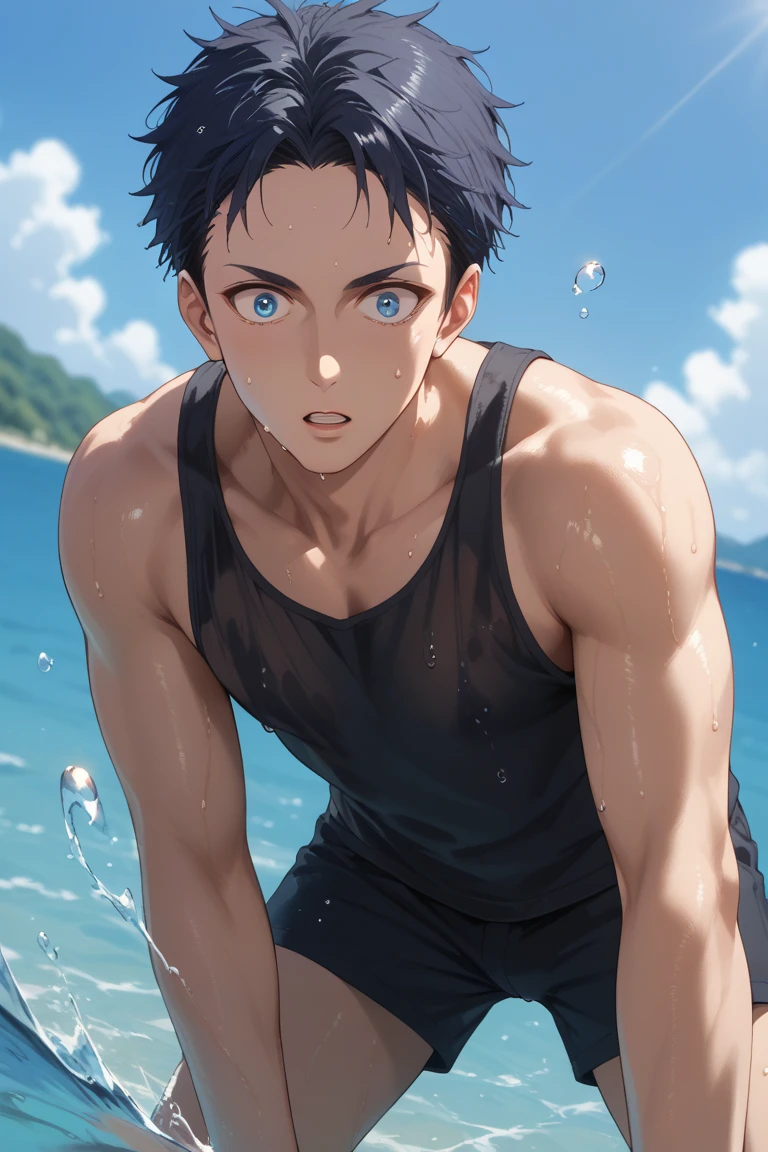 score_9, score_8_up, score_7_up, source_anime, rating_questionable, day, natural lighting, summer theme, water, water droplet, water splash, ocean horizon, male focus, leaning forward, looking down at viewer, surprised, expressive face, ShogoGGLR, blue_ShogoGGLR_eyes, black_ShogoGGLR_short hair, parted lips, summer clothes, wet clothes, black tank top, 1boy, blurry outdoors, scenery, from below, dutch angle, intricately detailed illustration, atmospheric perspective, depth of field