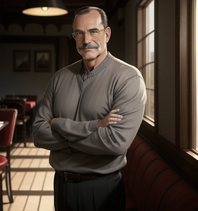 A portrait, a thin old man, bushy mustache, thick sideburns, slick back balding gray hair, receding hairline, balding, wearing a sweater, slacks, standing in an old italian restaurant, moody light, dramatic shadows, rim lighting, highly detailed, smiling, welcoming, arms folded