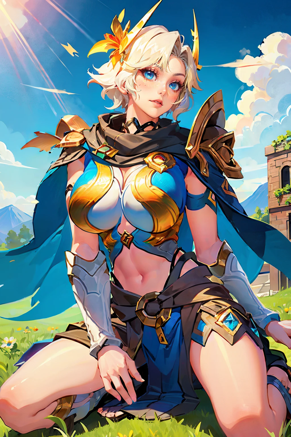 <lora:Taara_Utopian_AoV_Model_LoRA:0.8>, Taara_Utopian, 1girl, solo, short hair, blonde hair, white hair, hair ornament, flower, hair flower, looking at viewer, blue eyes, eyelashes, mole, mole under eye, lips, parted lips, shoulder armor, pauldrons, breasts, large breasts, armor, cape, blue cape, navel, tattoo, legs, boots, sandals, toes, toeless footwear
,lawn, meadow, sky, sunlight, clouds, grass, mountains,, best quality, ultra high res, (photorealistic:1.4), masterpiece, real life skin, hyper real