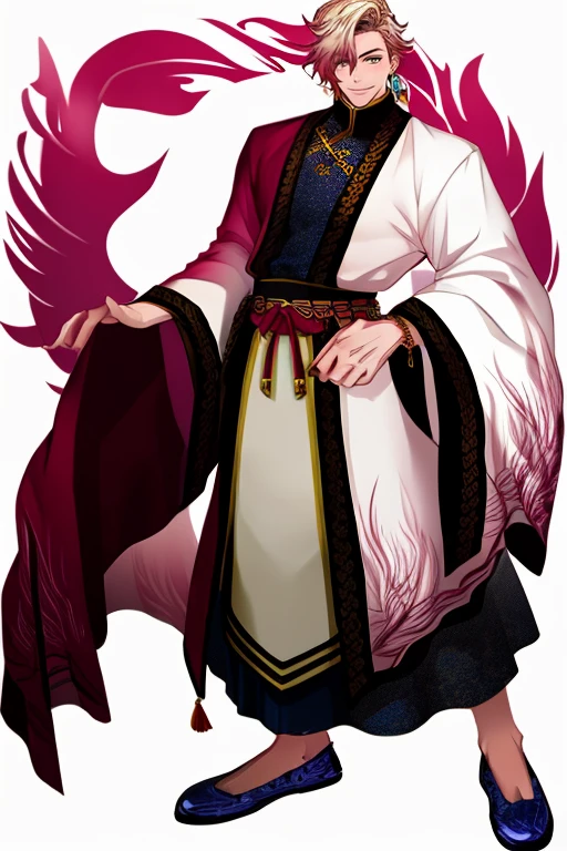 (masterpiece),(best_quality),1boy,Katen,single earring,bead bracelet,toggles,changpao,two-tone robe,asymmetrical sleeves,belt,print footwear,smile,<lora:Katen:1>,