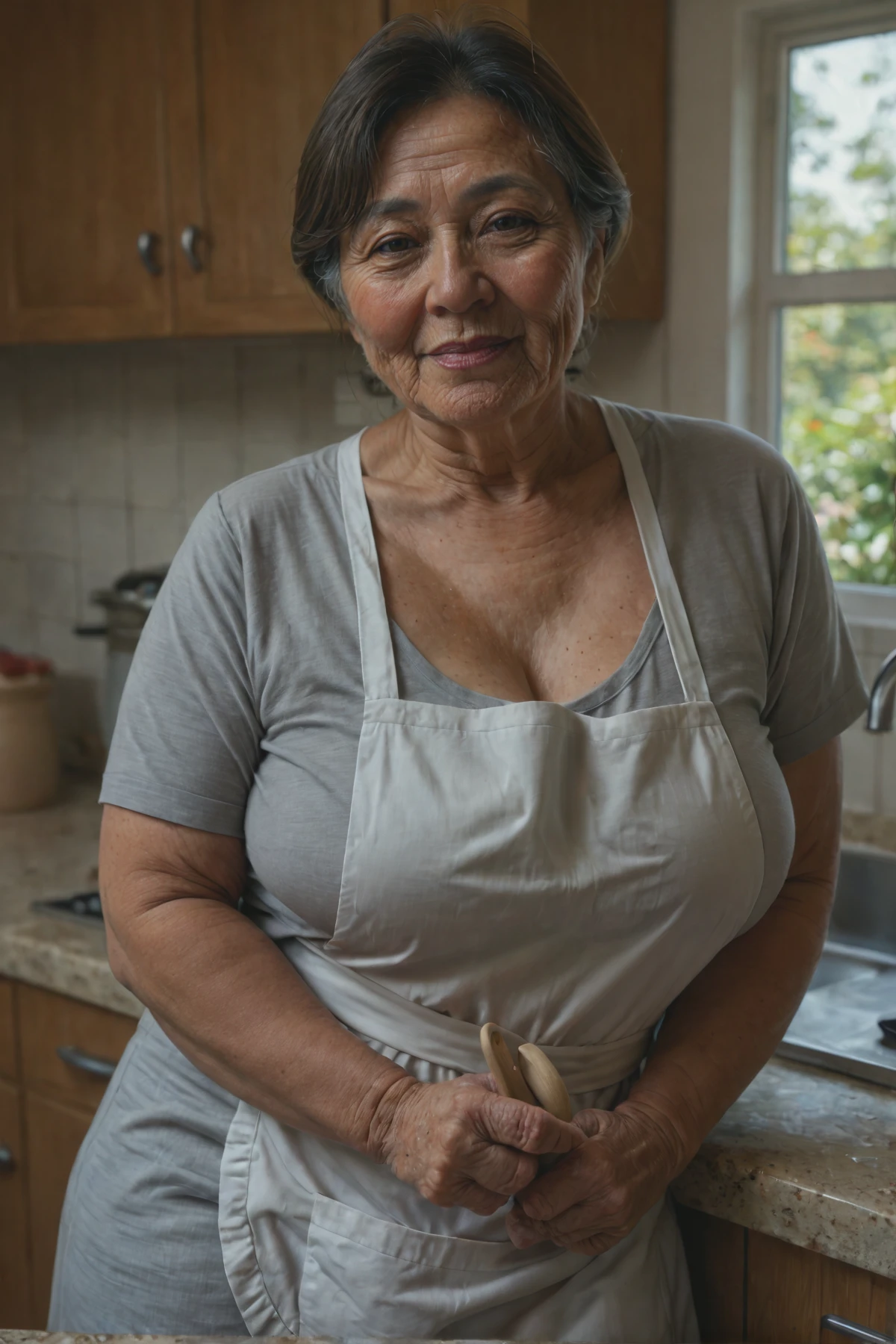 Femme, Extremely old, grosse hanches, habits de mamie, wrinkled skin, beaucoup de gras, dans la cuisine, vieille maison.