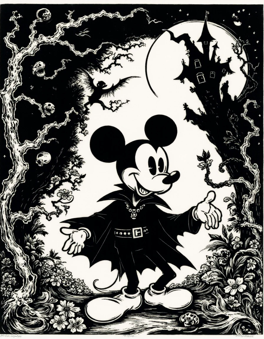 <lora:j0hanes_stylev3-step00000750:0.9>  j0hanes_stylev2, a black and white drawing of mickey mouse in a horror castle, mickey mouse as a vampire,