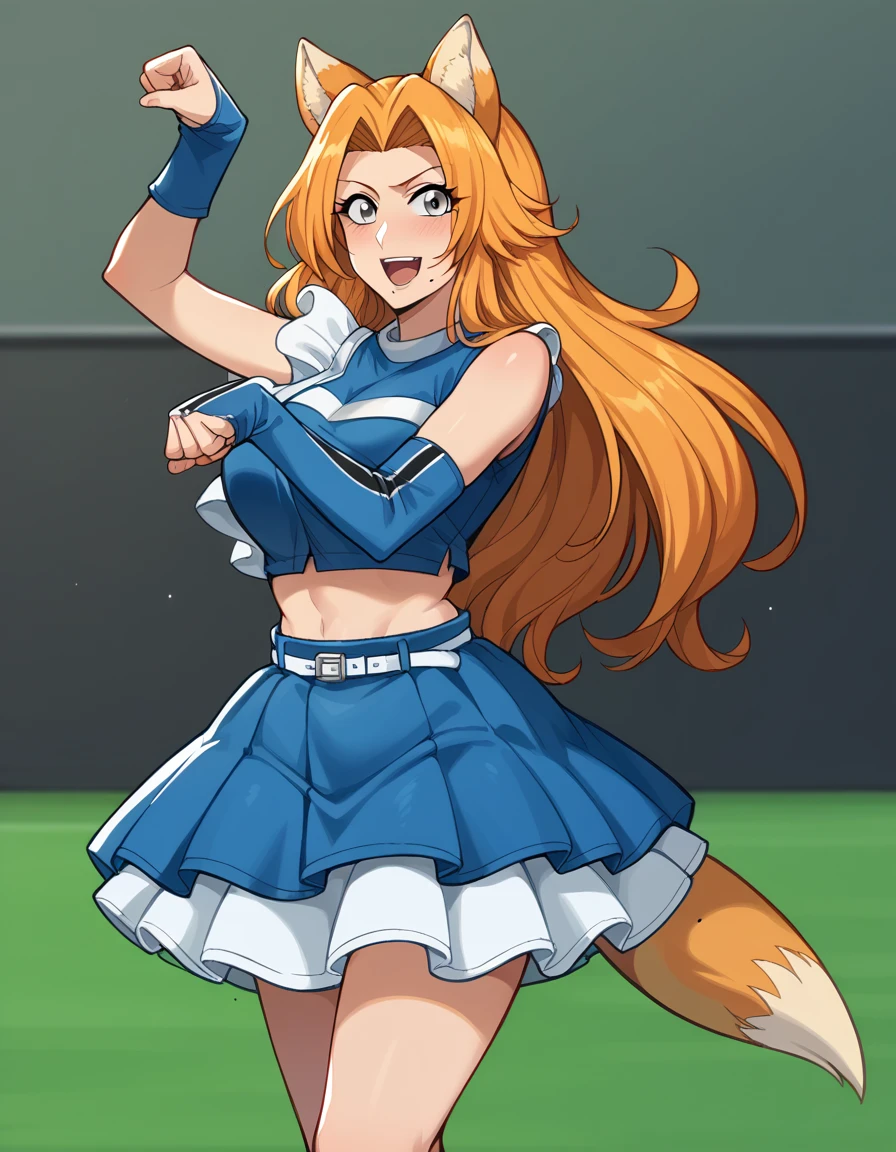 score_9, score_8_up, score_7_up, source_anime, <lora:rangiku-matsumoto-anime-ponyxl-lora-nochekaiser:1>, rangiku matsumoto, long hair, grey eyes, orange hair, mole, mole under mouth, parted bangs, large breasts, <lora:kitsune-dance-ponyxl-lora-nochekaiser:1>, kitsune dance, cheerleader, layered skirt, paw pose, fox ears, white belt, fox tail, baseball stadium, blue shirt, blue skirt, crop top, sleeveless shirt, midriff, blush, smile, open mouth,, cowboy shot,