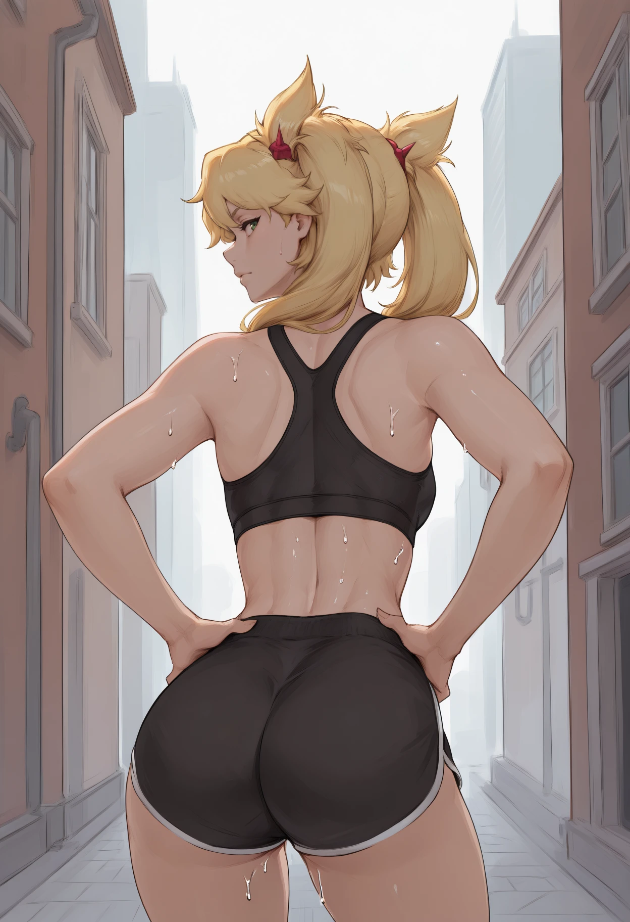 masterpiece, best quality, <break> from behind, solo, 1girl, ninny spangcole, sweat, expressionless, looking back, hands on own hips, twintails, hair ornament, black sports bra, black shorts, dolphin shorts, short shorts, outdoors, city street
<segment:yolo-Anzhc Face seg 640 v2 y8n.pt,0.4,0.5//cid=1>