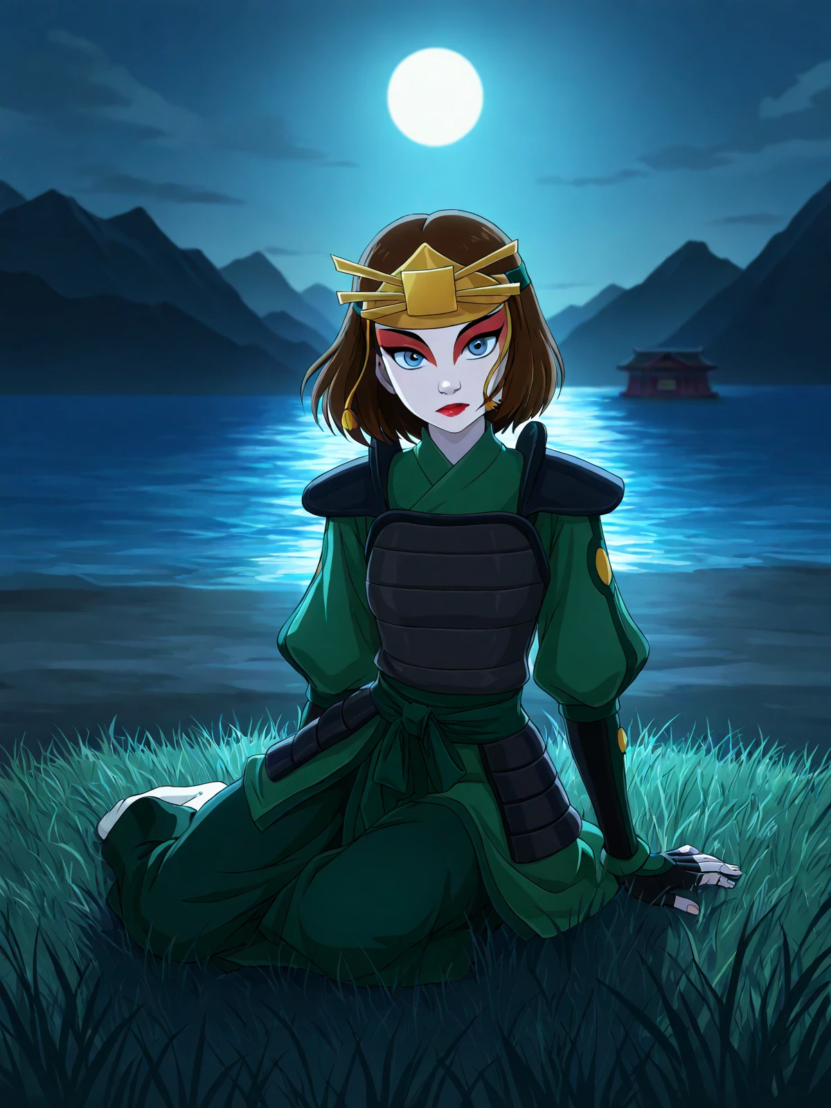 masterpiece, best quality, anime coloring
BREAK
suki \(avatar\), brown hair, short hair, blue eyes, makeup, white facepaint, eyeshadow, lipstick, headpiece, japanese armor, breastplate, pauldrons, green robes, skirt, fingerless gloves
BREAK
1girl, solo, sitting, on grass, yokozuwari, mountaintop, temple, ocean, moonlight, no shoes
<lora:suki_nai-eps-sv_fro-0.98-16-16:1>