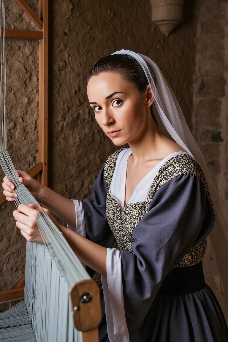 A beautiful girl in medieval times, dressed in a maiden outfit, weaves a dress in a castle. She looks directly at the camera with a focused expression, her delicate hands skillfully working the loom. The castle's stone walls and ancient architecture provide a historical backdrop. The scene is illuminated by soft, natural light, highlighting the intricate details of her outfit and the woven fabric. The image captures the essence of medieval craftsmanship and beauty.