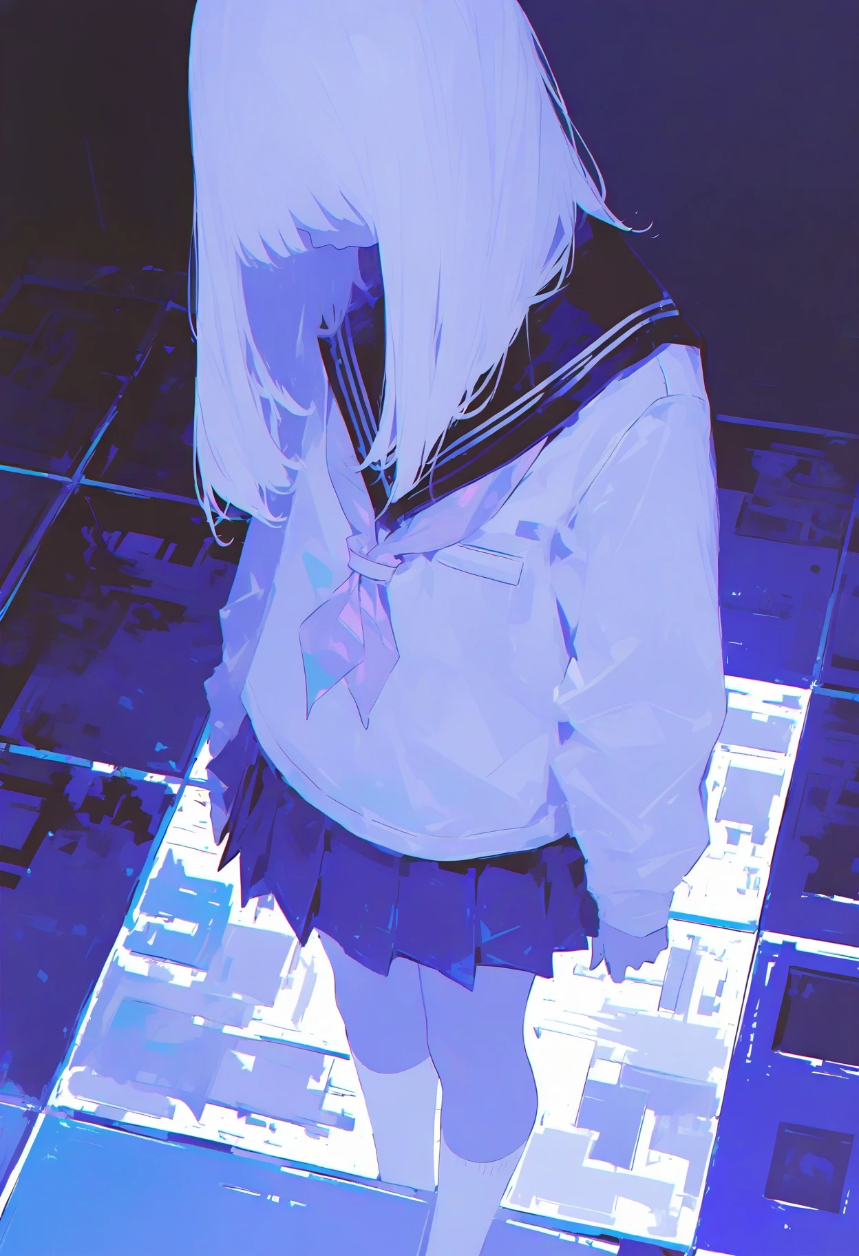 <lora:748cmSDXL:1>, best quality, masterpiece, 748cmstyle, 1girl, pleated skirt, blue theme, pink neckerchief, white hair, standing, long hair, school uniform, tile floor, sailor collar, long sleeves, white socks, serafuku, purple theme, tiles, arms at sides, from above, blue skirt, limited palette, faceless