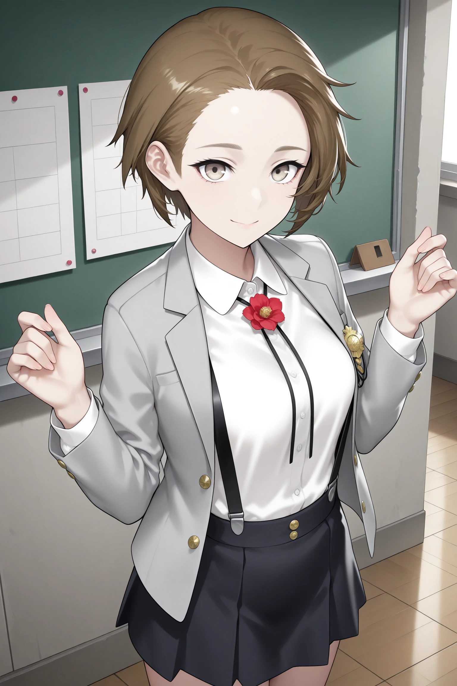 masterpiece, best quality, amazing quality, highres, absurdres, very aesthetic, high resolution, ultra detailed, perfect details, 1girl, looking at viewer, indoors, medium breasts, caligula female protagonist, short hair, brown hair, brown eyes, school uniform, long sleeves, grey jacket, open jacket, white shirt, medal, flower, suspenders, black skirt, pleated skirt, miniskirt, purple socks, loafers, <lora:Caligula_Female_Protagonist:0.8>, (cowboy shot:1.5), smile, (w arms:1.5)