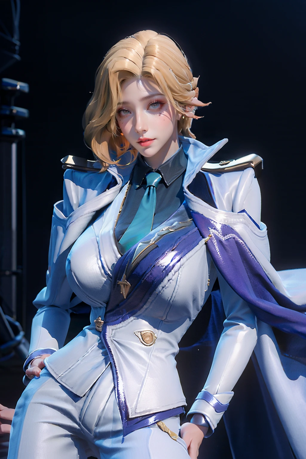 ((salute))
, <lora:Taara_Soldier's_Fortune_AoV_Model_LoRA:0.8>, Taara_Soldier's_Fortune, 1girl, solo, short hair, blonde hair, looking at viewer, purple eyes, mole under eye, nose, lips, parted lips, necktie, blue necktie, collared shirt, breasts, ((large breasts)), shirt, jacket, white jacket, cape, pants, white pants, thighhighs, boots, thigh boots, high heels, high heel boots, white footwear, jewelry
, barracks, warship, battle port background, sea, naval unit, sailor, best quality, ultra high res, (photorealistic:1.4), masterpiece, real life skin, hyper real