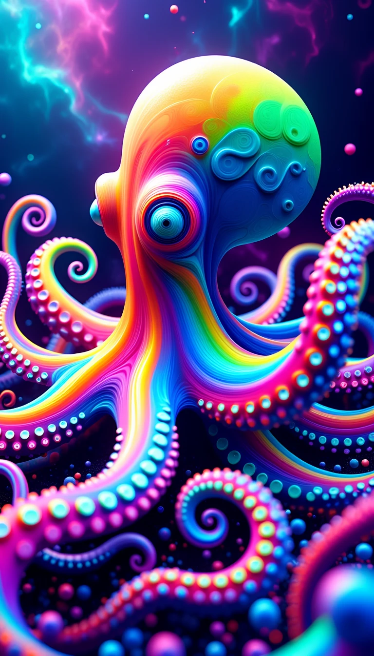 An abstract octopus in the PsyDreamer style, formed entirely from swirling, rainbow-colored vortexes that seem to flow endlessly into each other. The octopus shape is only hinted at by the dynamic movement of glowing spirals and spiraling neon patterns. Each vortex pulses with psychedelic colors like electric blue, ultraviolet, hot pink, and neon green, merging and melting in a dreamlike, otherworldly dance. The background is an abstract underwater cosmos filled with floating, luminous particles and soft, radiating light beams. The entire scene exudes a hypnotic, trippy energy, as if the octopus is a fluid illusion in a vibrant, kaleidoscopic world.