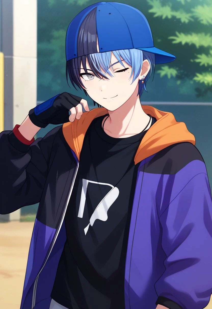 score_9, score_7_up, source_anime, 
aoyagi, 1boy, male focus, solo, grey eyes, split-color hair, multicolored hair, two-tone hair, blue hair, black hair, short hair, hair between eyes, bangs, jewelry, earrings, hat, baseball cap, backwards hat, shirt, black shirt, jacket, purple jacket, black jacket, multicolored jacket, long sleeves, open jacket, open clothes, gloves, black gloves, fingerless gloves, smile, one eye closed,
outdoor,