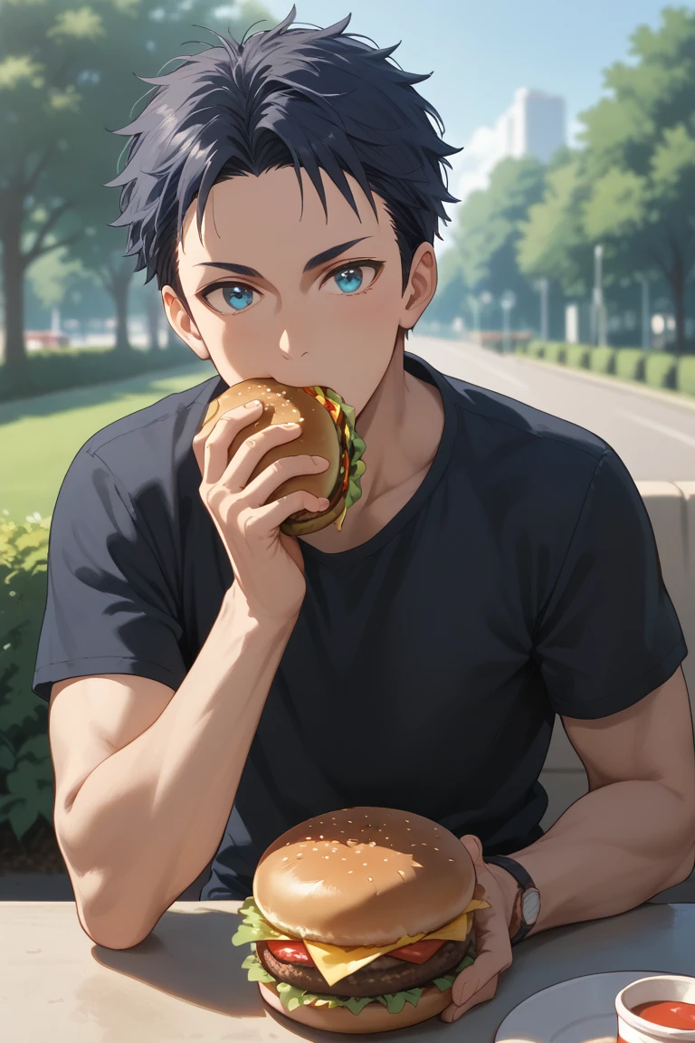 score_9, score_8_up, score_7_up, source_anime, rating_questionable, day, natural lighting, casual theme, male focus, leaning forward, looking at viewer, eating, holding burger, expressive face, ShogoGGLR, blue_ShogoGGLR_eyes, black_ShogoGGLR_short hair, covered mouth, short sleeves, casual clothes, 1boy, blurry outdoors, park, scenery, dutch angle, intricately detailed illustration, atmospheric perspective, depth of field