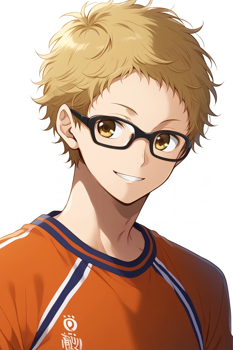 1boy,solo,male focus,tsukishima kei,blonde hair,short hair,glasses,yellow eyes,smile,sportwear