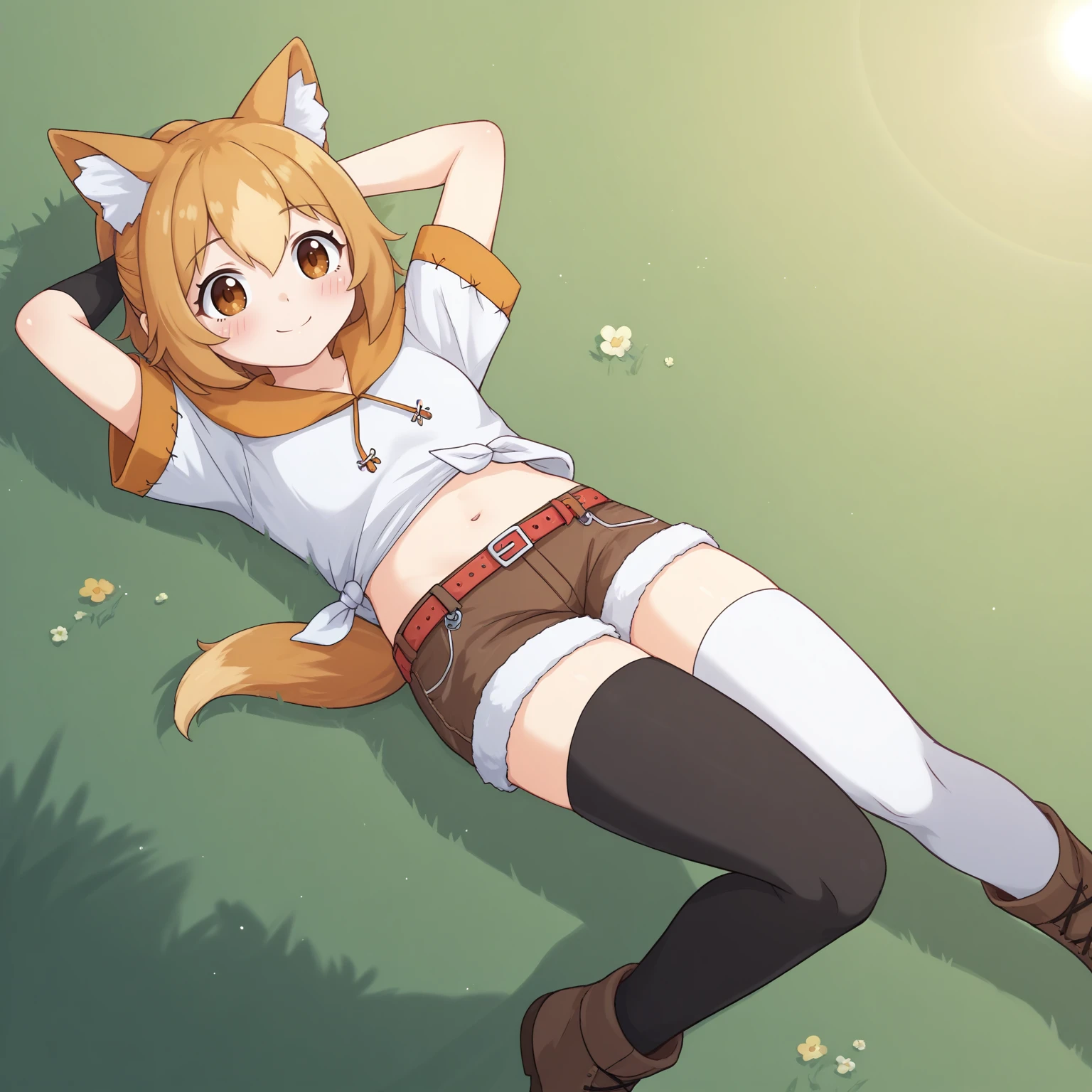 score_9, score_8_up, score_7_up, score_6_up, score_5_up, score_4_up, source_anime, BREAK
1girl, solo, k0ragi,  animal ears, tail, orange eyes, smile, closed mouth, ponytail,
hoodie, tied shirt, boots,  shorts, single glove, thighhighs, mismatched legwear, white thighhighs, black thighhighs,
blush, outdoors, grass, sun beam, light particles, lying, on back, hands behind head, navel, full body,
<lora:koragi2-000013:1>