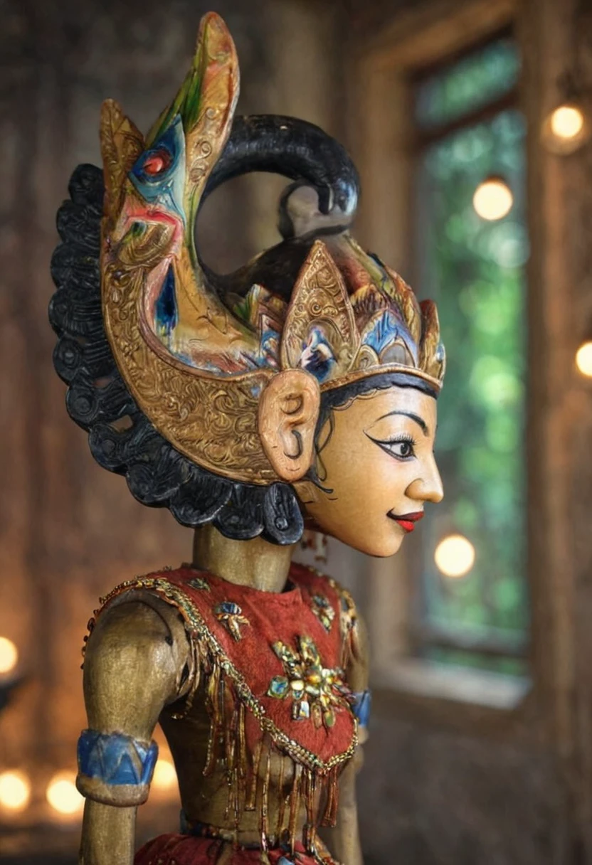 <lora:Wayang_Golek_-_Satria_Sandrong:0.8>, wayang_golek, wayang, satria_gandrong, glossy paper, iso150,  35mm, score_9, score_8_up, score_7_up,  intricate details, Hyperrealism style, 3d, concept-art, dreaminess, psychedelic, shallow-depth-of-field, cinematic lighting, soft bokeh, very beautiful composition, Unreal, real-time 3D, Epic Games style, Unreal Engine style, 3d-rendering, vibrant contrast  depth and shadow enhanced using (Gaussian blur) for a soft background focus, (sharpen filter) applied, (color grading) to enhance contrast between warm and cool tones, (noise reduction) for a smooth, clean finish, (HDR toning) used for extra depth and detail, highly detailed dreamy background detailed skin texture, subsurface scattering award-winning, professional, highly detailed . dreamlike, mysterious, provocative, symbolic, intricate, detailed, hyper-detailed, masterpiece, award winning, midjourneyv6.1