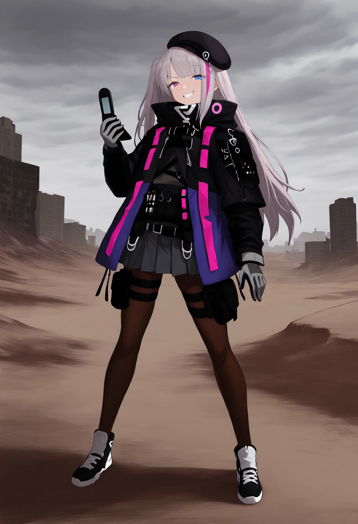 masterpiece, best quality, very aesthetic, absurdres, full body, solo, 1girl, <lora:Kuro (MICAverse):1>, kuro, grey hair, streaked hair, pink hair, heterochromia, gfl, one side up, hair ornament, tactical clothes, black beret, two-tone coat, black coat, purple coat, purple trim, long collar, grey shirt, long sleeves, belt pouch, grey skirt, pleated skirt, brown pantyhose, thigh strap, two-tone sneakers, black sneakers, grey sneakers, two-tone gloves, black gloves, grey gloves, flip phone, cellphone, standing, holding phone, smile, grin, teeth, smug, looking at viewer, wasteland, buildings, grey sky, cloudy sky, outdoors, <lora:CleanAnime - [Enchanter] - illustriousXL v1:1>