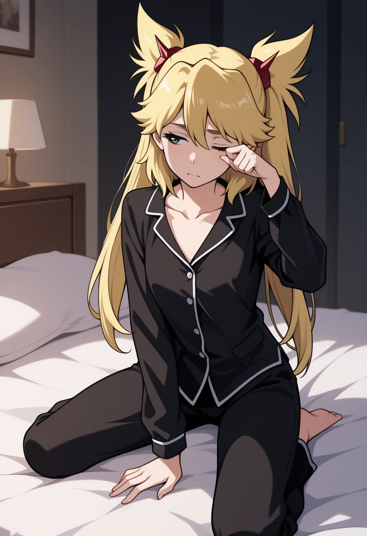 masterpiece, best quality, <break> solo, 1girl, ninny spangcole, tired, looking away, on bed, rubbing eyes, twintails, hair ornament, black pajamas, black shirt, long sleeves, black pants, collarbone, indoors, bedroom
<segment:yolo-Anzhc Face seg 640 v2 y8n.pt,0.4,0.5//cid=1>