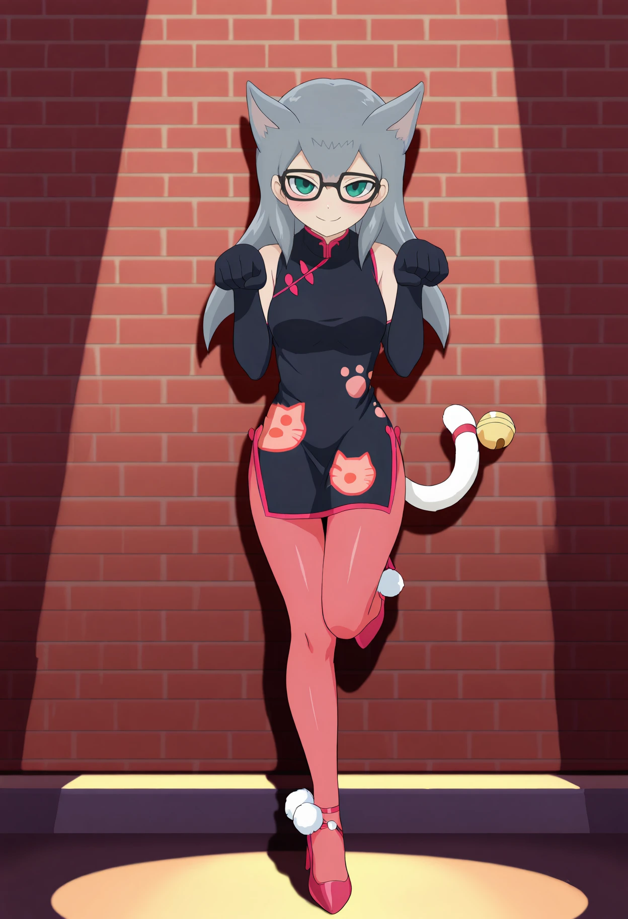 masterpiece, best quality, very aesthetic, absurdres, full body, solo, 1girl, <lora:Cathy (Yu-Gi-Oh! ZEXAL):1>, cathy, grey hair, cat ears, cat tail, ck4, black glasses, black dress, china dress, sleeveless dress, red trim, print dress, cat print, paw print, black elbow gloves, red pantyhose, red high heels, pom pom \(clothes\), tail bell, tail ornament, standing on one leg, against wall, foot up, paw pose, seductive smile, blush, looking at viewer, facing viewer, brick wall, spotlight, outdoors, <lora:CleanAnime - [Enchanter] - illustriousXL v1:1>