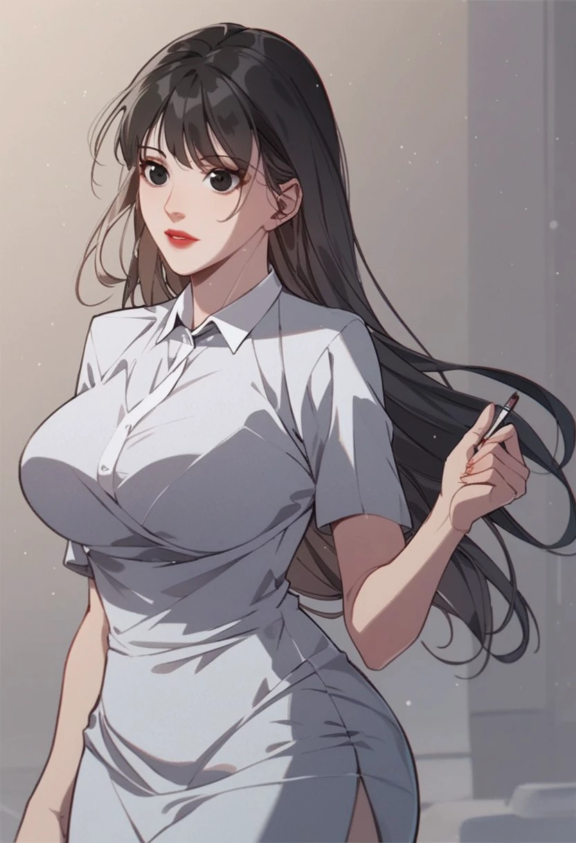 score_9, score_8_up, score_7_up, BREAK, SuQingying, long hair, black hair, black eyes, large breasts, SuDress, light blue dress, collared dress, pencil dress, short sleeves, 1girl, solo,