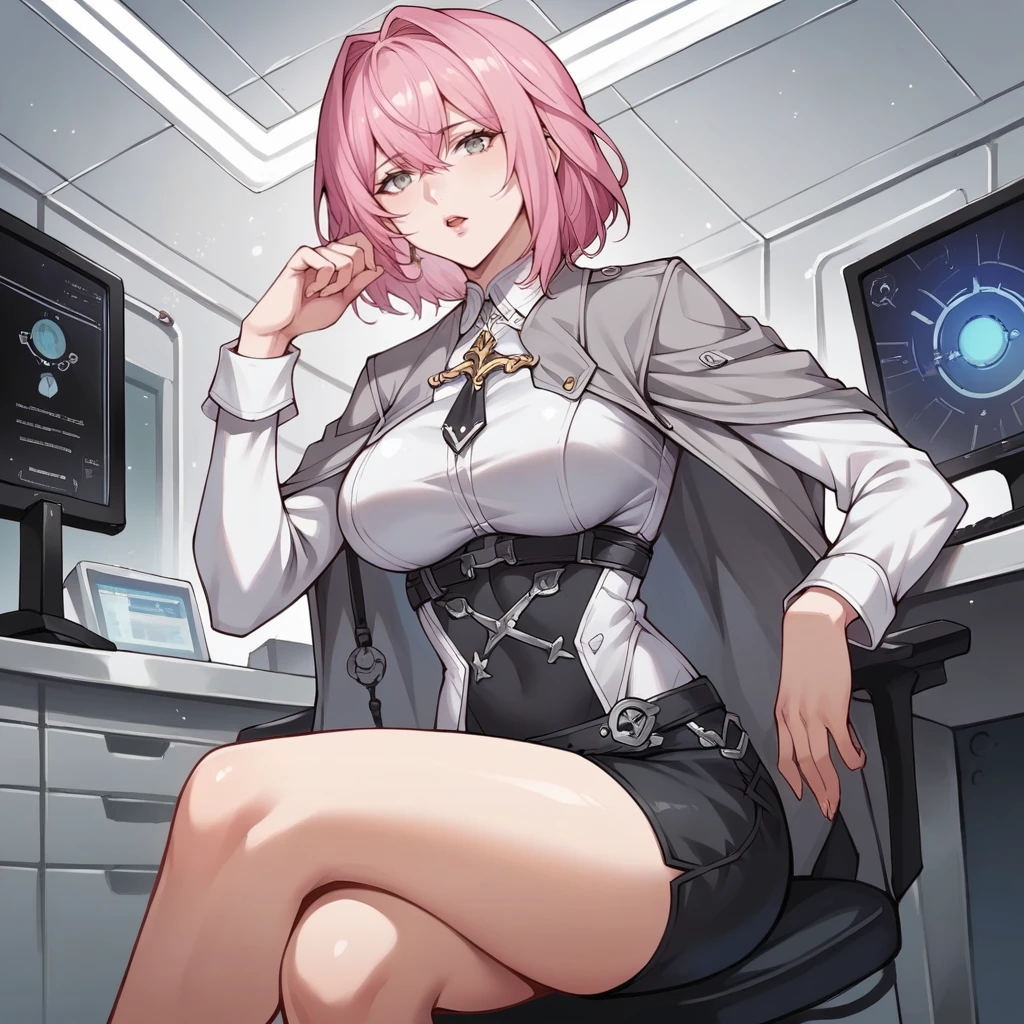 score_9_up, score_8_up, score_7_up, source_anime, 1girl, solo, laboratory, ceiling light, dimmed light, futuristic interior, computer, sitting on office chair, crossed legs, looking at you, open mouth, arm rest, IshmaelPGR, Ish_1st, pink hair, short hair, black necktie, grey eyes, grey jacket, jacket on shoulders, black shorts, black belt, underbust, two-tone shirt, white shirt, black shirt, long sleeves, white sleeves, jewelry, collared shirt, mature body, dynamic cowboy shot, 