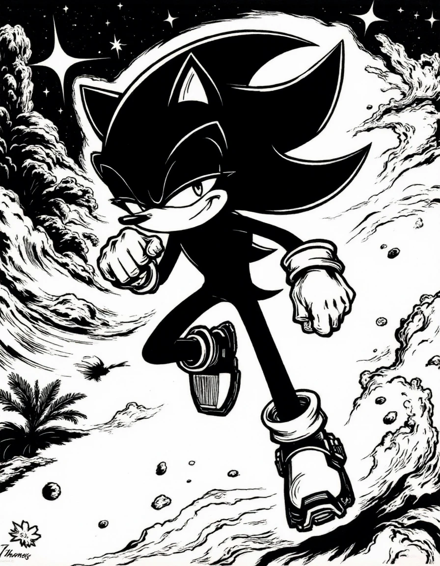 <lora:j0hanes_stylev3-step00000750:0.8>  j0hanes_stylev2, a black and white drawing of shadow sonic running in the outer space