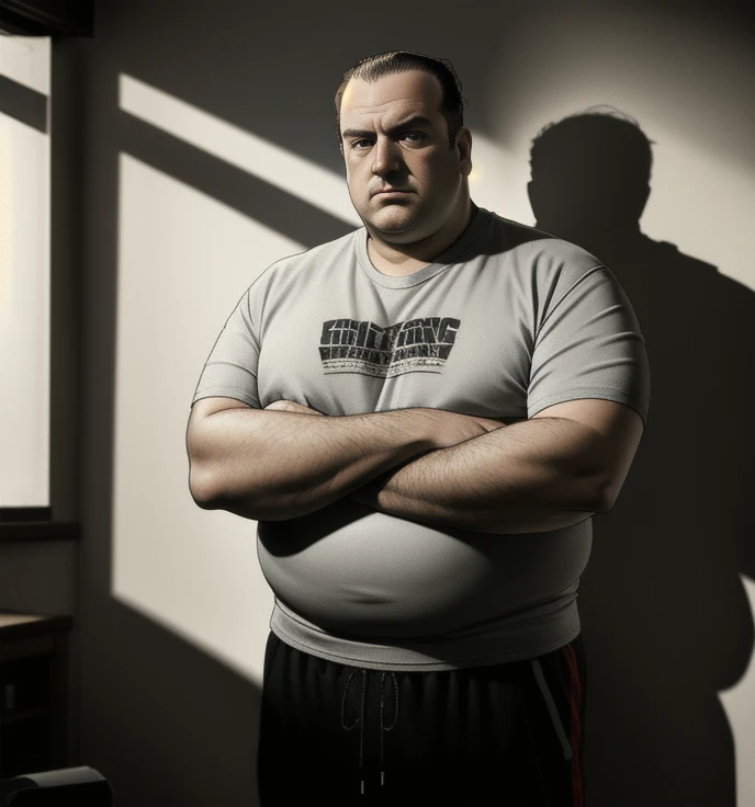 A portrait, a chubby man, slick back salt and pepper hair, receding hairline, balding, wearing a t shirt and jogging pants, standing in an old school club, moody light, dramatic shadows, rim lighting, highly detailed, tony soprano, arms folded