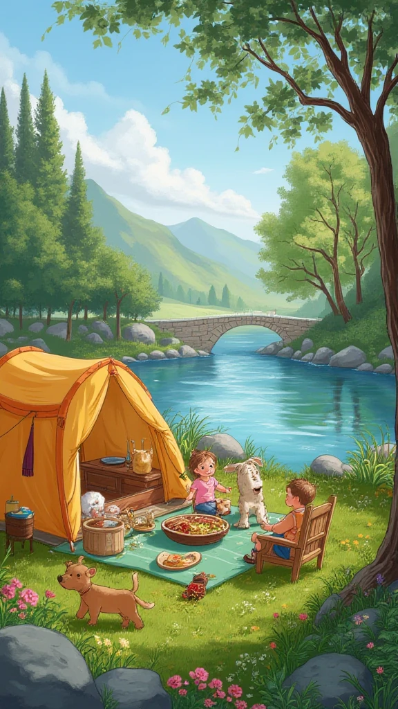 a family camping, tent,eat,near river
