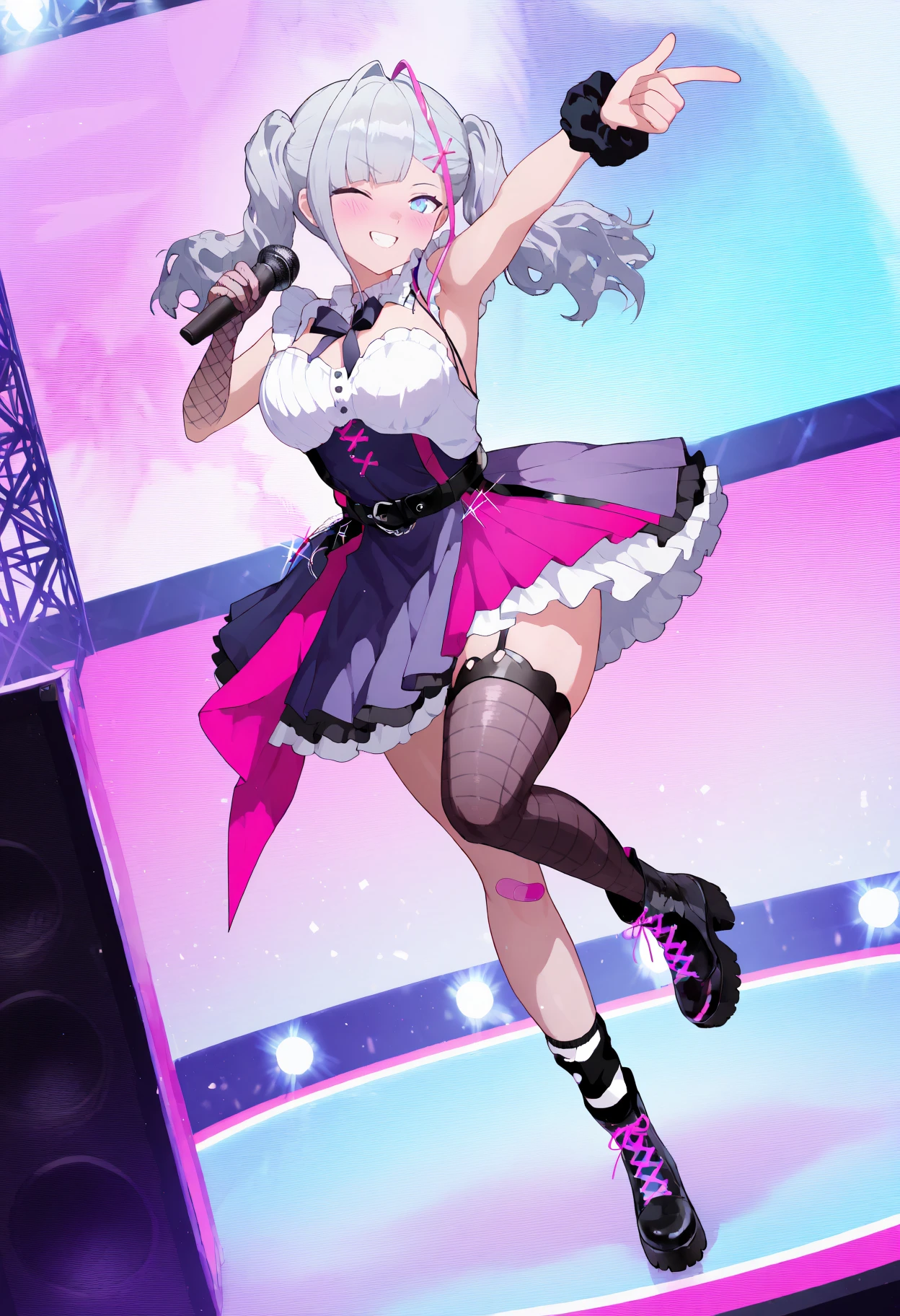 masterpiece, best quality, very aesthetic, absurdres, full body, solo, 1girl, <lora:Kuro (MICAverse):1>, kuro, grey hair, streaked hair, pink hair, heterochromia, electric wave cyber angel, twintails, idol, black horns, detached collar, frilled collar, frills, black bowtie, multicolored dress, black dress, white dress, purple dress, frilled dress, sleeveless dress, black belt, cross hipchain, purple trim, purple bowtie, single garter strap, single brown thighhigh, single white leg warmer, purple bandaid, bandaid on knee, black boots, ankle boots, purple laces, single fishnet glove, black scrunchie, standing on one leg, leg up, pointing, microphone, holding microphone, smile, grin, teeth, one eye closed, blush, stage, stage lights, indoors, <lora:CleanAnime - [Enchanter] - illustriousXL v1:1>