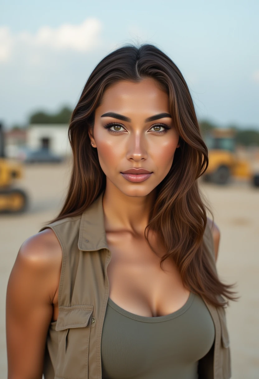 photograph of a woman, light makeup, wearing a open vest, at a construction site