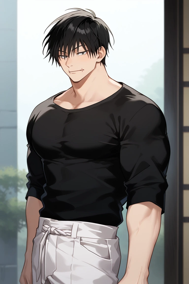 1boy,solo,male focus,toji fushiguro,black hair,muscular male,scar,scar on face,pectorals,white pants,black shirt