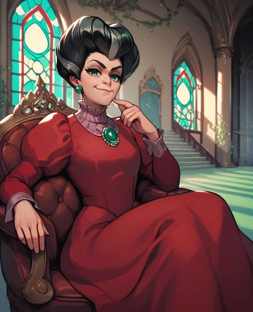 score_9,score_8_up,score_7_up,score_6_up,
ldytrmnexl,green eyes,black hair,streaked hair,smug,
dress,brooch,small earrings,sitting,
looking at viewer,solo,fancy chair,
castle,indoors,<lora:ladytremaineXL:1>,