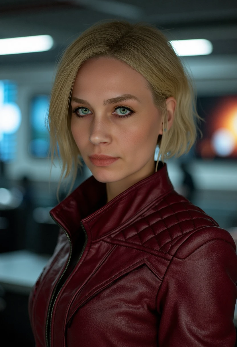 subtle grain, cinematic quality, professional portrait of sarah morgan, dark-red leather jacket, makeup, short blonde hair, fine art photography, film still, movie scene, space-station, smile, <lora:Sarah_Morgan_Flux-000040:1.0>