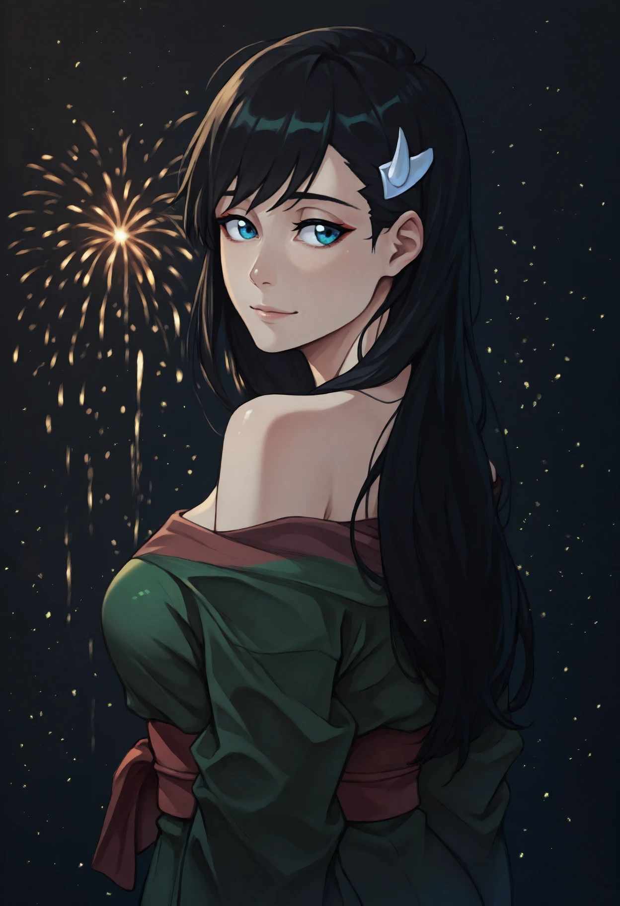 anime, masterpiece, best quality, <break> solo, 1girl, niihashi noel, slight smile, closed mouth, looking back, black hair, hairclip, japanese clothes, green kimono, off shoulder, red sash, bare shoulders, fireworks
<segment:yolo-Anzhc Face seg 640 v2 y8n.pt,0.4,0.5//cid=1>