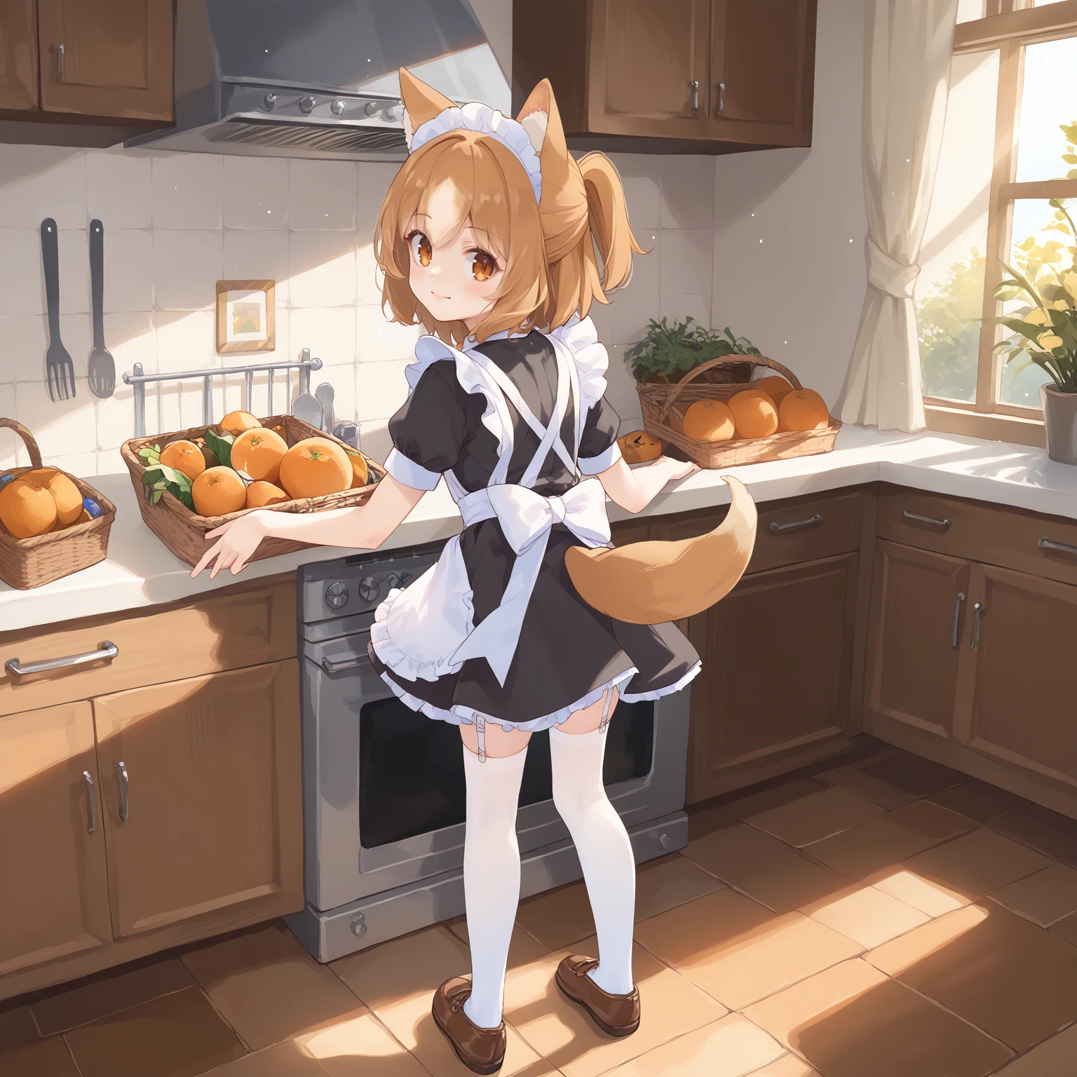 score_9, score_8_up, score_7_up, score_6_up, score_5_up, score_4_up, source_anime, rating_safe, BREAK
1girl, solo, k0ragi,  animal ears, tail, orange eyes, ponytail, looking at viewer, 
maid, from behind, looking back, kitchen,  full body, basket, oranges, garter strap, sun beam, light particles, backlight, 
<lora:koragi2-000013:1>
 <lora:jingai_modoki:1> creator:jingai-modoki