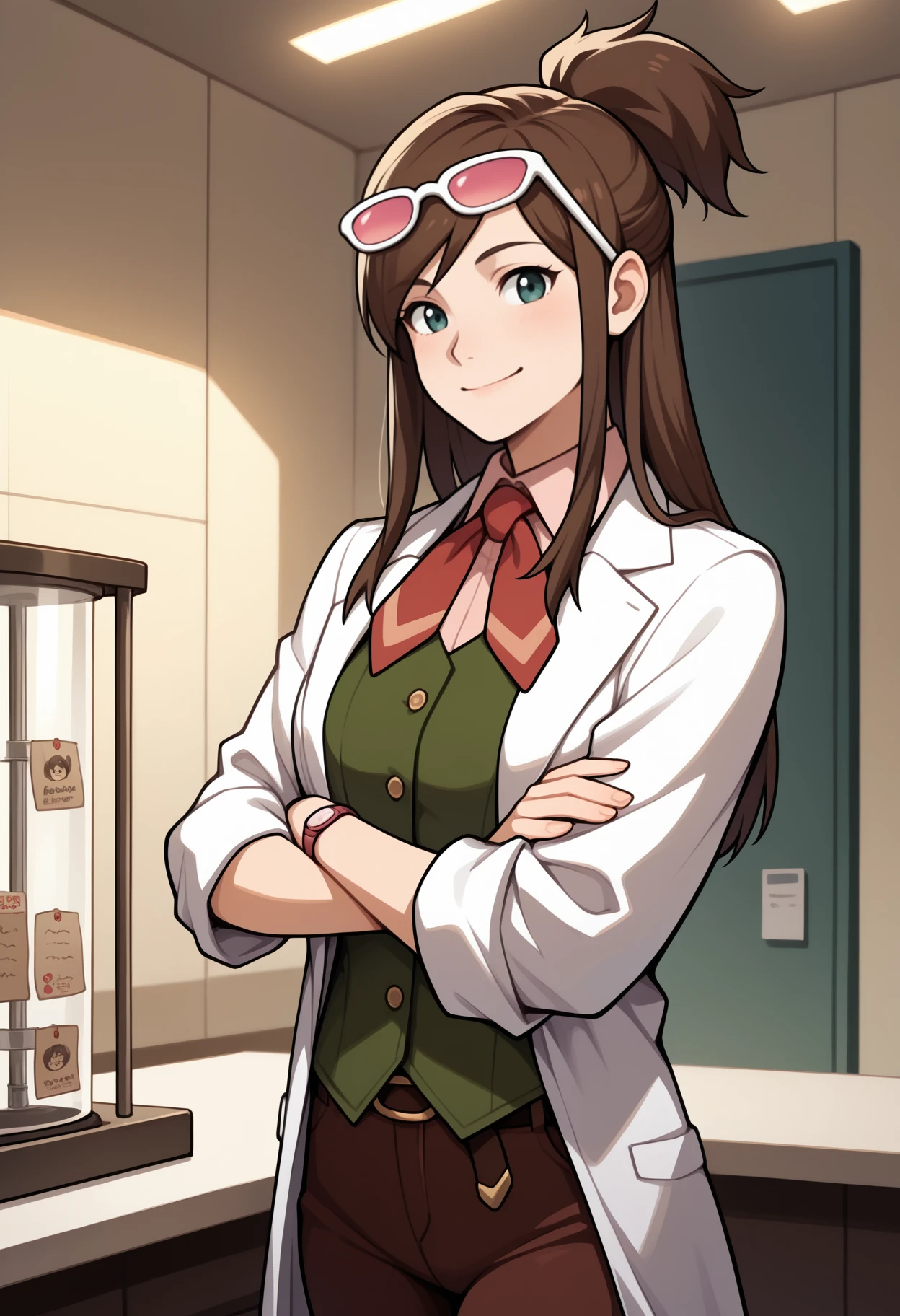 masterpiece, best quality, <break> solo, 1girl, ema skye, smile, looking at viewer, crossed arms, brown hair, half updo, sunglasses, eyewear on head, white lab coat, sleeves rolled up, green vest, red neckerchief, brown pants, indoors, laboratory
<segment:yolo-face_yolov8m.pt,0.4,0.5//cid=1>