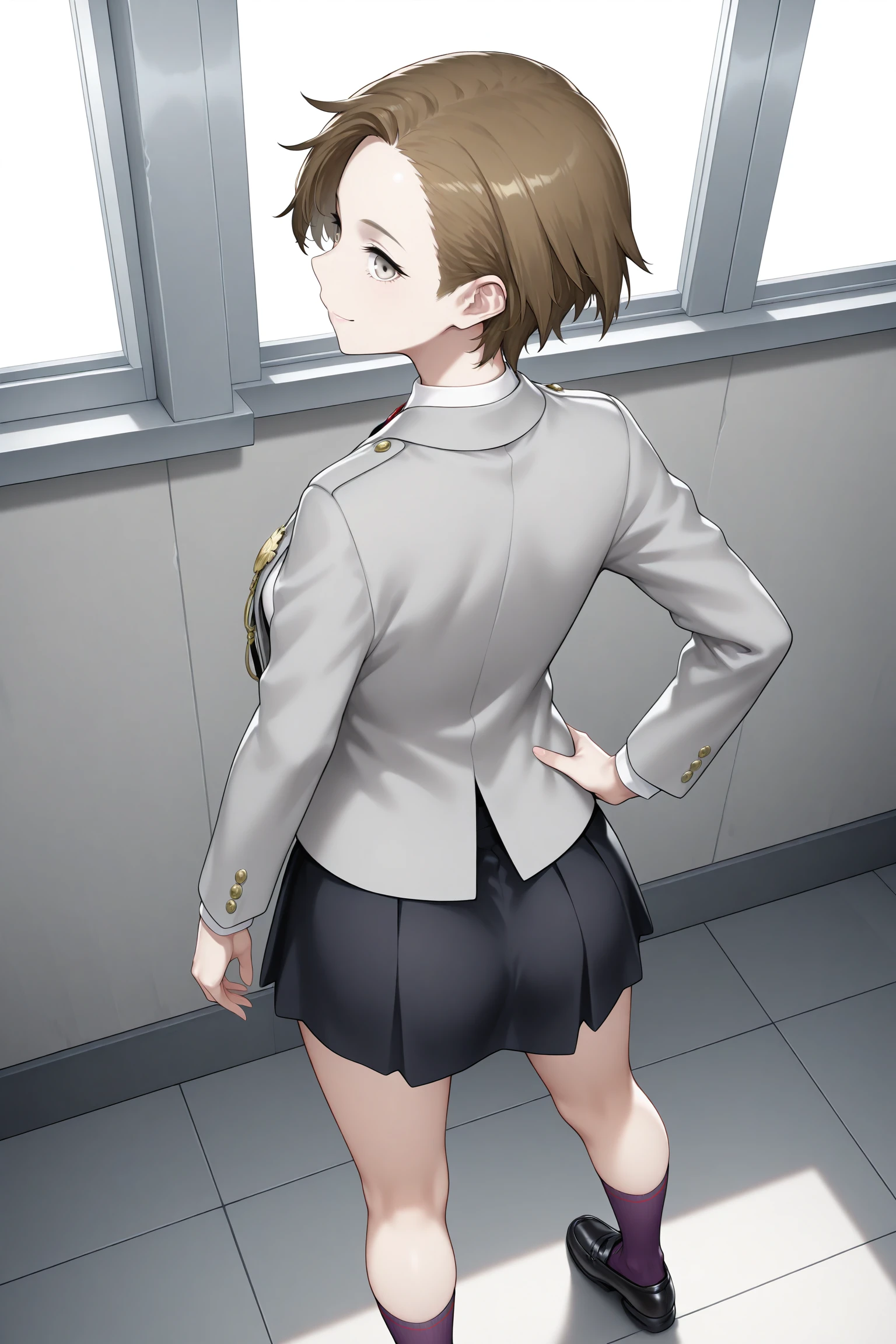 masterpiece, best quality, amazing quality, highres, absurdres, very aesthetic, high resolution, ultra detailed, perfect details, 1girl, indoors, medium breasts, caligula female protagonist, short hair, brown hair, brown eyes, school uniform, long sleeves, grey jacket, open jacket, white shirt, medal, suspenders, black skirt, pleated skirt, miniskirt, purple socks, loafers, <lora:Caligula_Female_Protagonist:0.8>, (cowboy shot:0.8), smile, hand on own hip, standing, (from behind:1.5)