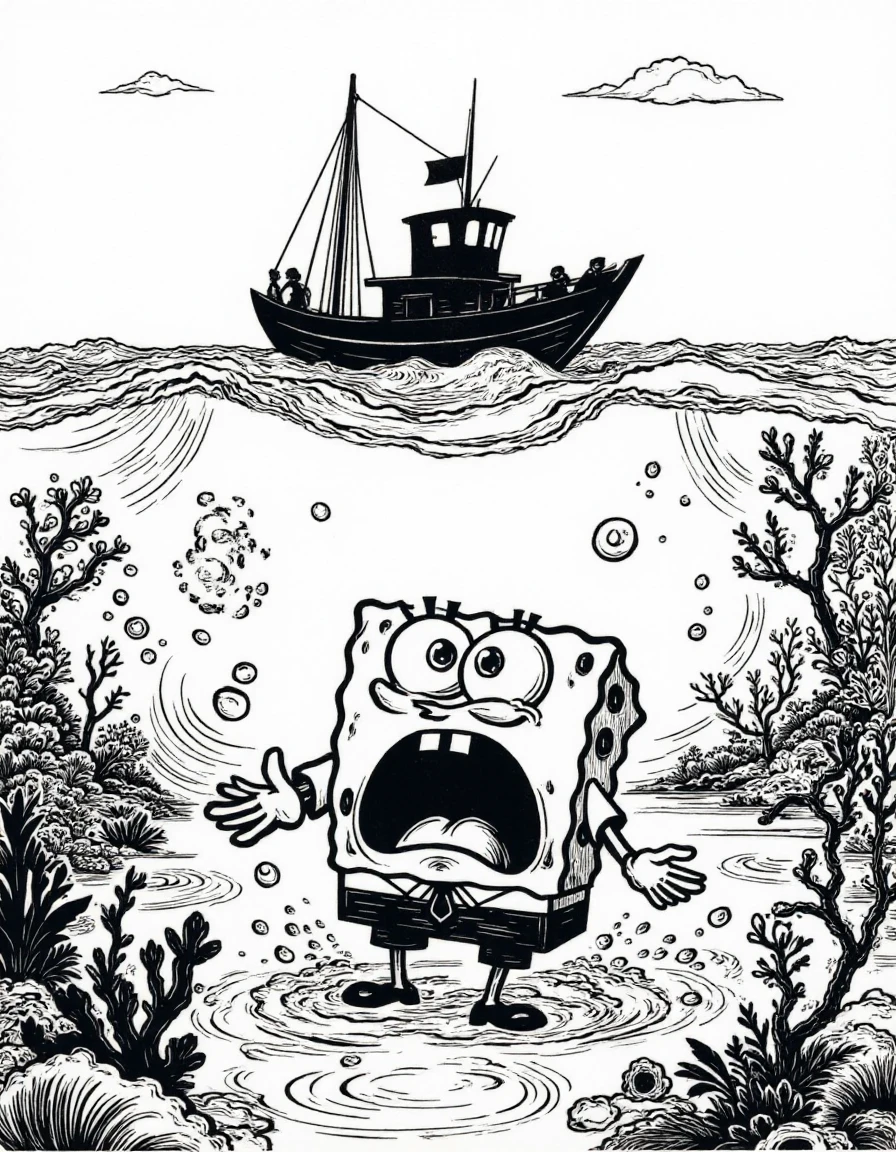 <lora:j0hanes_stylev3-step00000750:0.8>  j0hanes_stylev2, a black and white drawing of spongebob scared at the bottom of the sea, there's a boat on top trying to fish him