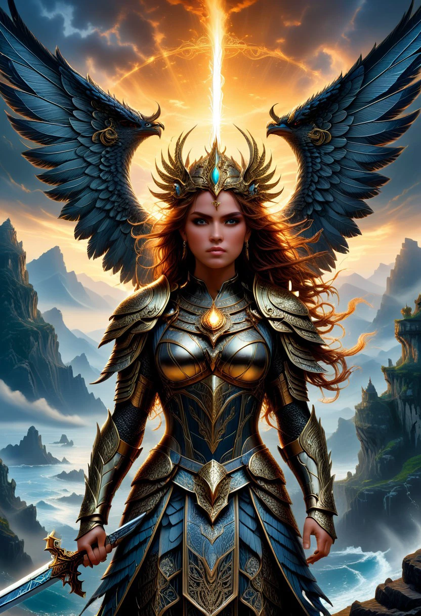 Valkyries in their majestic form: ultra realism, high quality, high resolution 8K and higher, stable and accurate focus, ultra correct anatomy, super details. Valkyries depicted in their majestic form ready for battle.
Valkyries: Beautiful, imposing warrior maidens clad in shining bronze armor with ornate helmets and winged helms. They hold spears and swords that glitter in the light. Each Valkyrie carries a shield with runic symbols and intricate carvings. Their faces radiate determination and courage, their hair long and blowing in the wind. There are slight auras of light surrounding the Valkyries' weapons, highlighting their magical abilities.
 Winged horses covered with silvery scales that fly over land and sea. The horses' wings are outstretched, creating an impressive sense of movement and power.
 Ancient landscape with mountains shrouded in clouds and mists. A divine fortress can be seen on the horizon, illuminated by the rays of sunrise or sunset, adding drama to the scene. Distant castles and ancient ruins accentuate the mythical atmosphere. Flying creatures and symbolic figures can be seen in the sky, which add depth and mysticism to the scene.
Soft sunrise or sunset lighting effects that illuminate the scene and highlight the details in the Valkyries' armor and weapons.
 Runic symbols and intricate carvings on shields and armor, detailed textures on the winged horses and armored Valkyries, the flowing hair and flames in the Valkyries' eyes.