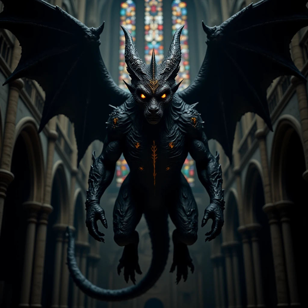 Onyx Optimizer, A giant winged creature, its body covered in dark scales and glowing symbols, hovers in the center of a grand, sunlit cathedral with stained glass windows casting rainbow-colored light across its dark, ominous figure.