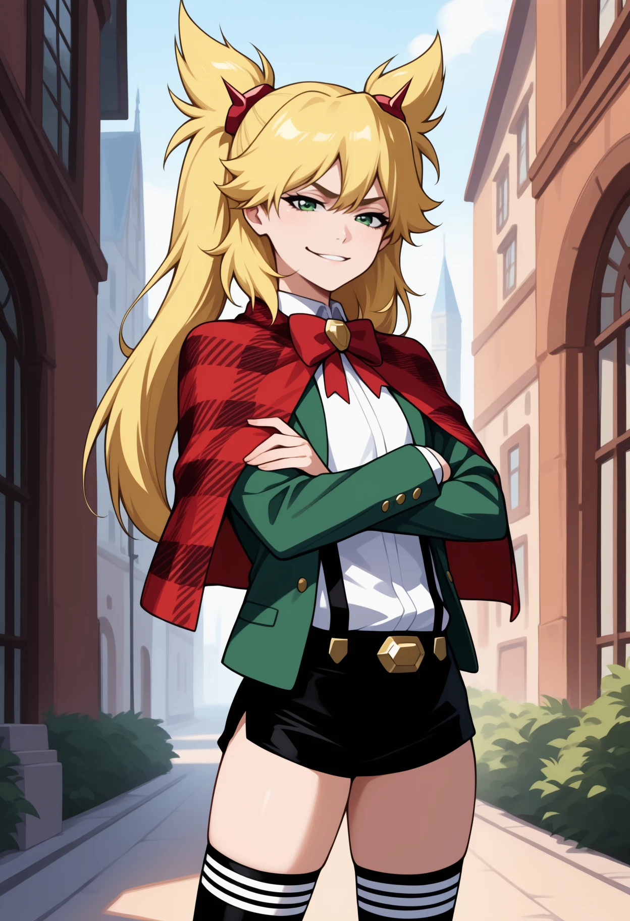 masterpiece, best quality, <break> cowboy shot, solo, 1girl, ninny spangcole, smirk, looking at viewer, crossed arms, twintails, hair ornament, red capelet, plaid, green jacket, open jacket, long sleeves, white shirt, collared shirt, red bowtie, suspenders, black shorts, short shorts, black thighhighs, outdoors, london
<segment:yolo-Anzhc Face seg 640 v2 y8n.pt,0.4,0.5//cid=1>