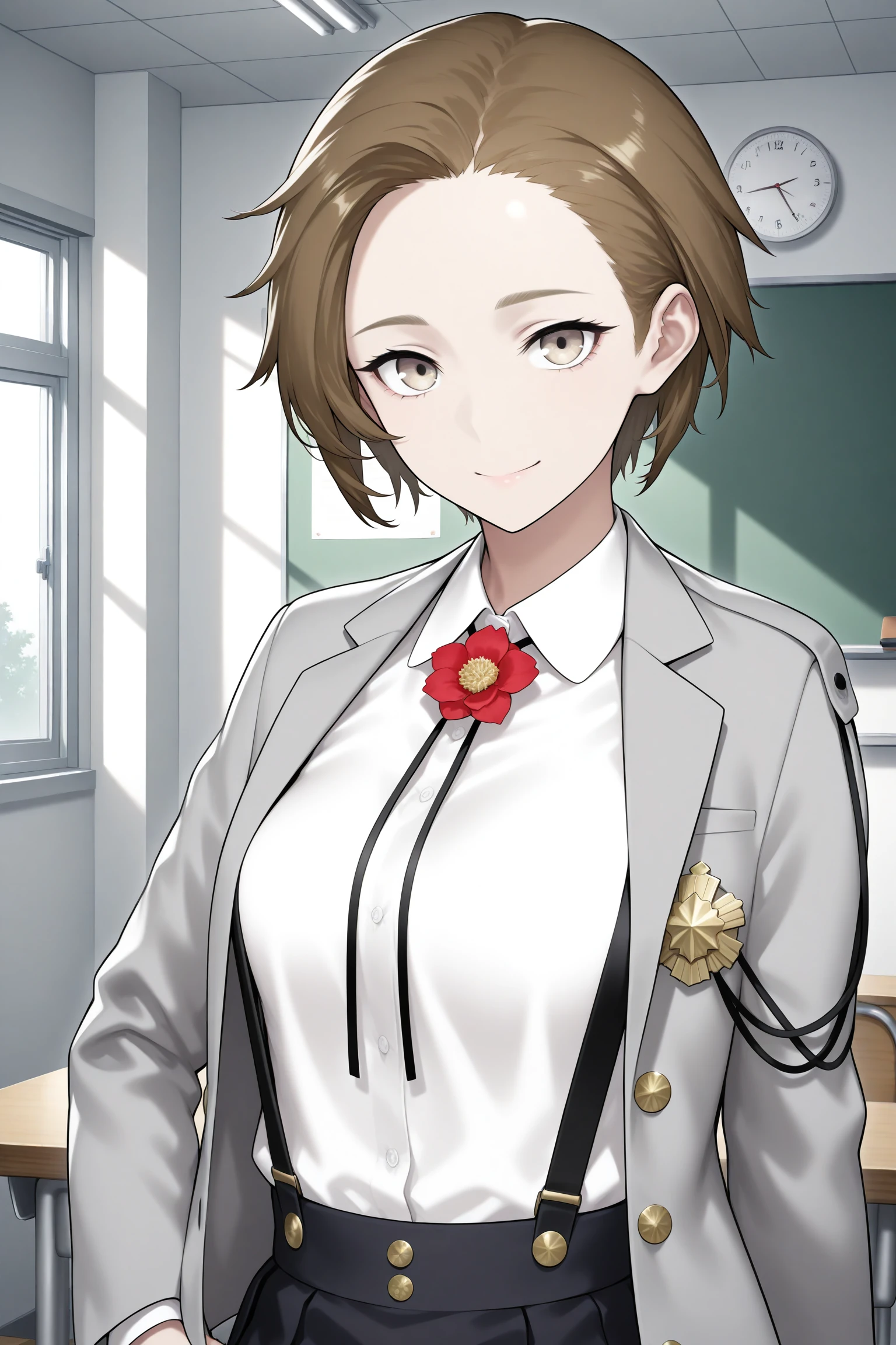 masterpiece, best quality, amazing quality, highres, absurdres, very aesthetic, high resolution, ultra detailed, perfect details, 1girl, looking at viewer, indoors, medium breasts, caligula female protagonist, short hair, brown hair, brown eyes, school uniform, long sleeves, grey jacket, open jacket, white shirt, medal, flower, suspenders, black skirt, pleated skirt, miniskirt, purple socks, loafers, <lora:Caligula_Female_Protagonist:0.8>, (upper body:1.5), smile, balancing