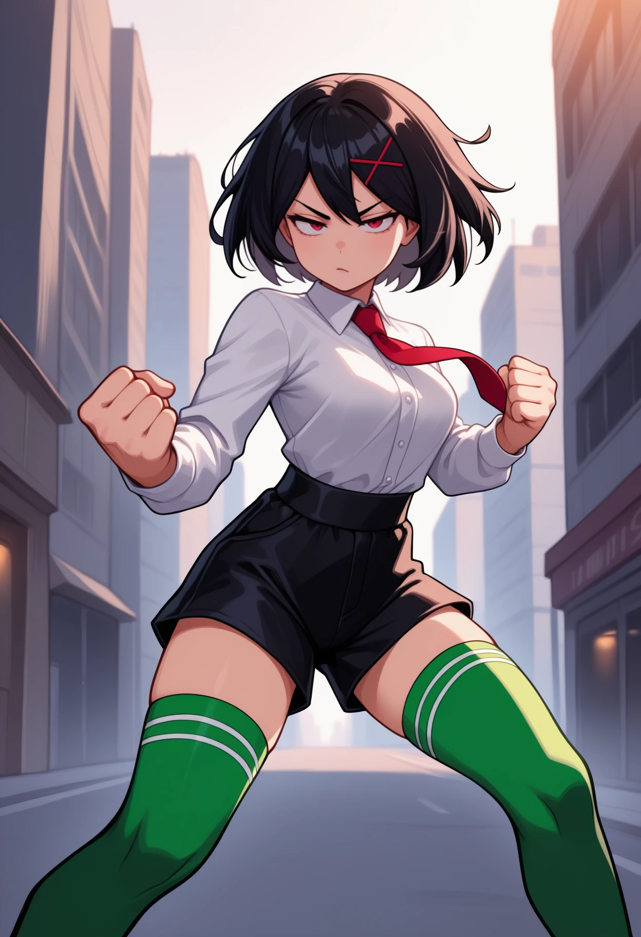 masterpiece, best quality, <break> solo, 1girl, rcgmisako, unamused, looking at viewer, fighting stance, clenched hands, hairclip, x hair ornament, white shirt, red necktie, long sleeves, black shorts, green thighhighs, outdoors, city street
<segment:yolo-face_yolov8m.pt,0.4,0.5//cid=1>