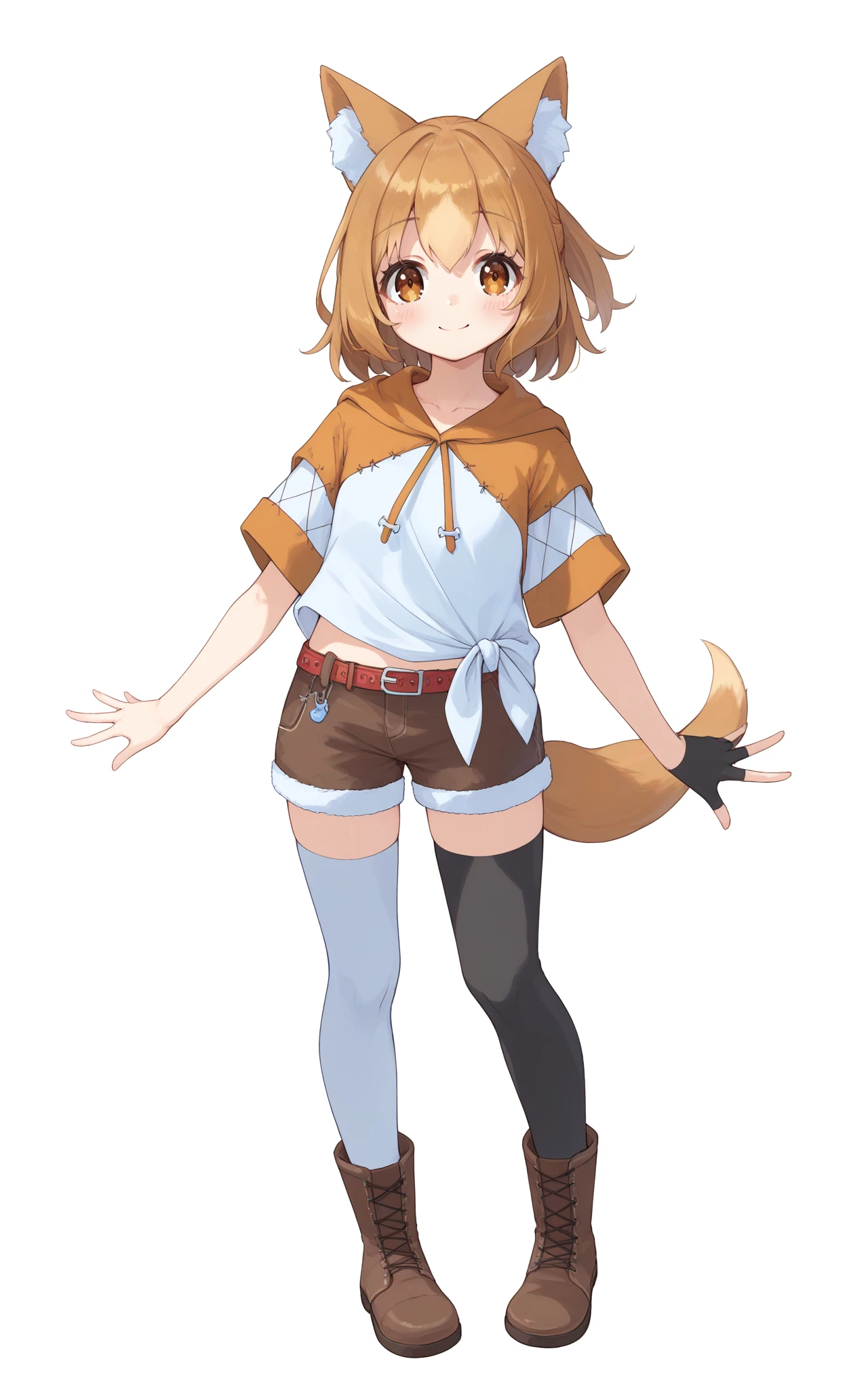 score_9, score_8_up, score_7_up, score_6_up, score_5_up, score_4_up, source_anime, BREAK
1girl, solo, k0ragi,  animal ears, tail, orange eyes, smile, closed mouth, ponytail,
hoodie, tied shirt, boots,  shorts, single glove, thighhighs, mismatched legwear, white thighhighs, black thighhighs,
standing, looking at viewer, full body,
simple background, white background,
<lora:koragi2-000013:1>