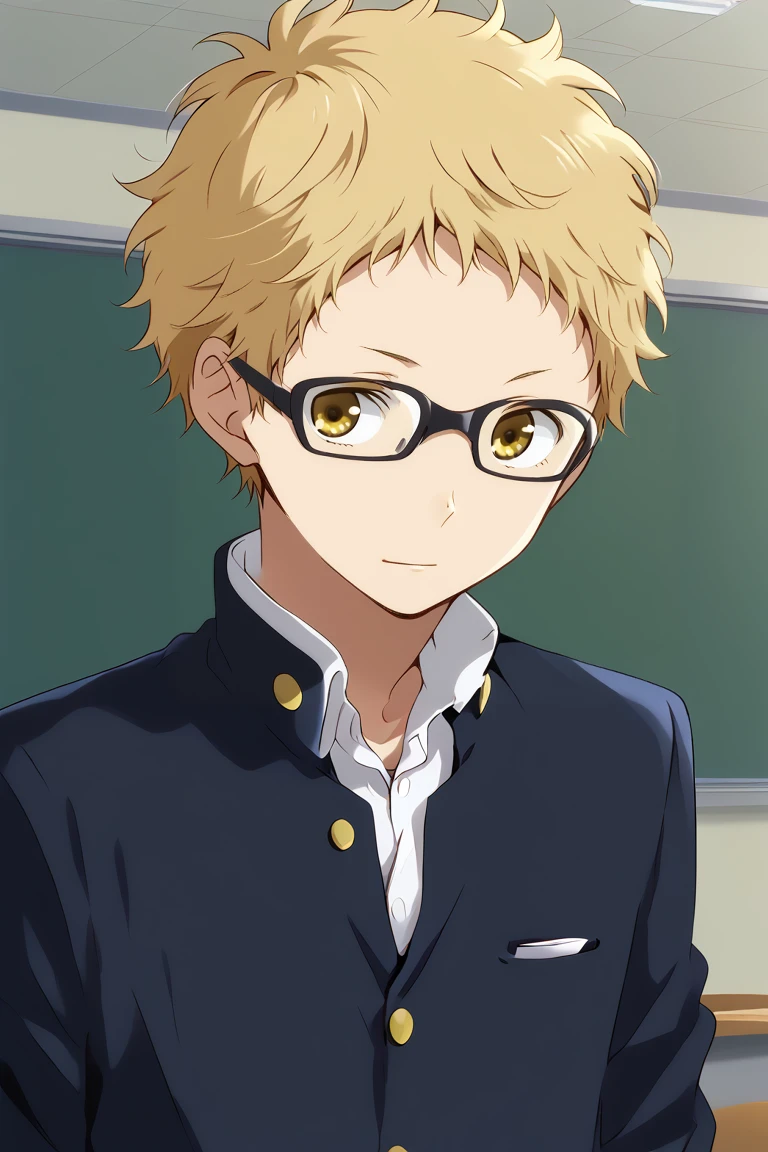 1boy,solo,male focus,tsukishima kei,blonde hair,short hair,glasses,yellow eyes,classroom,school uniform,gakuran