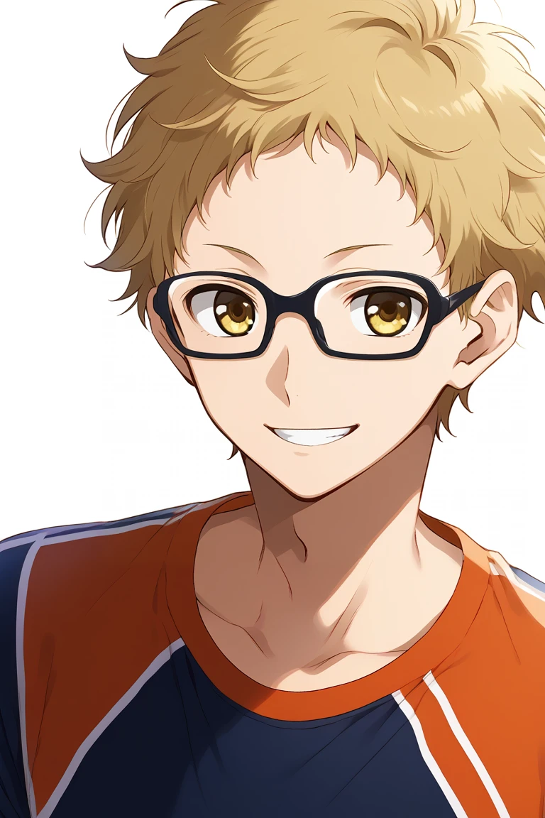 1boy,solo,male focus,tsukishima kei,blonde hair,short hair,glasses,yellow eyes,smile,sportwear