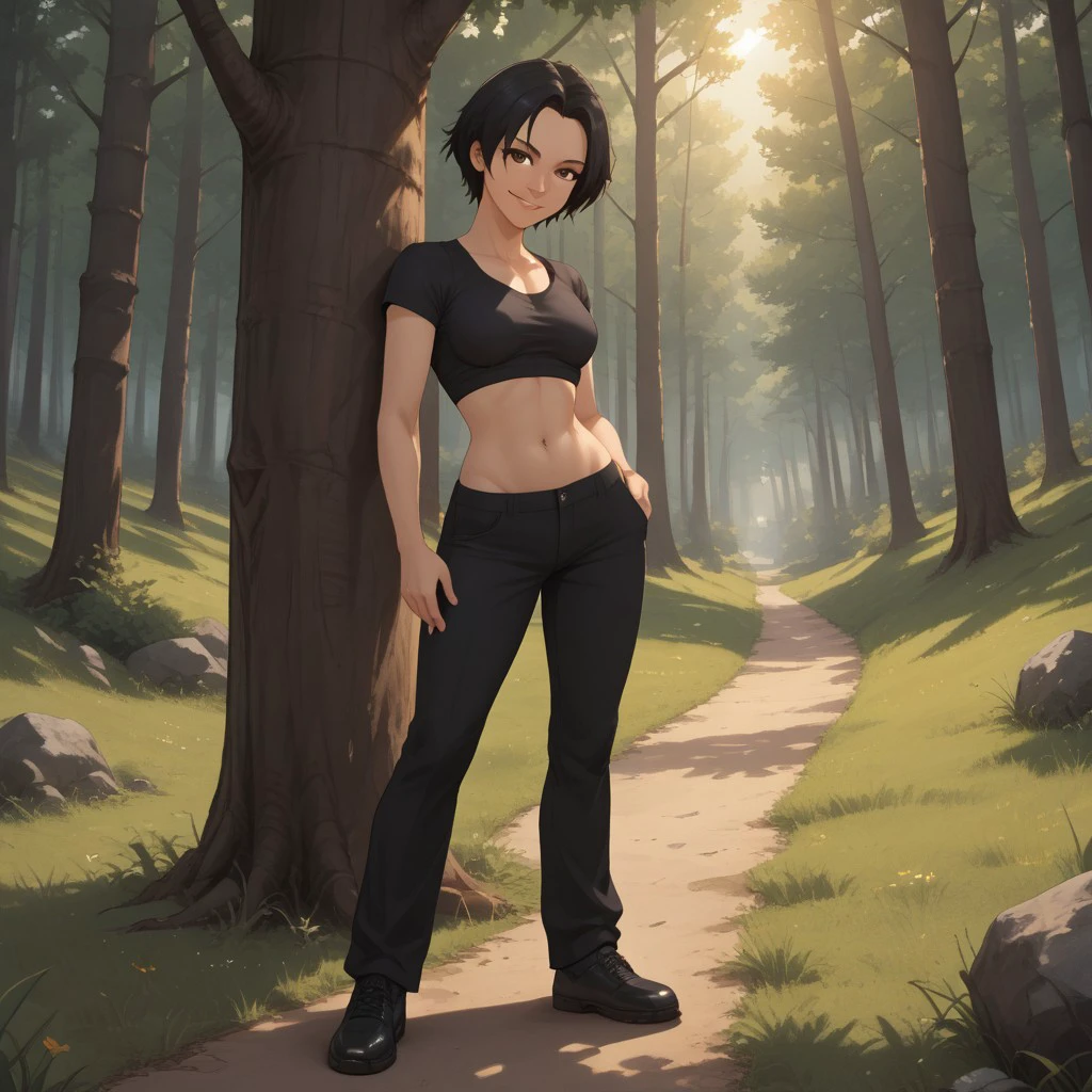 solo, 1girl, (masterpiece), ((16 year old appearance)), short hair, mohalk punk hair, small breasts, yellow eyes, ((detailed eyes)), (athletic body), (simple black cropped), Black top with red details, Looking at the screen, orange lipstick, visible abs, small mini skirt, navel, (collarbone), (dark forest scenery background)